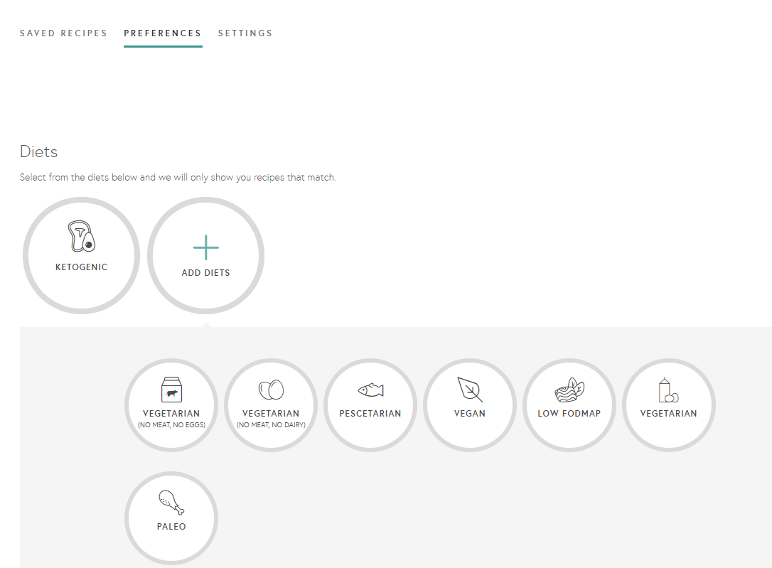 Yummly preferences section showing diet choices