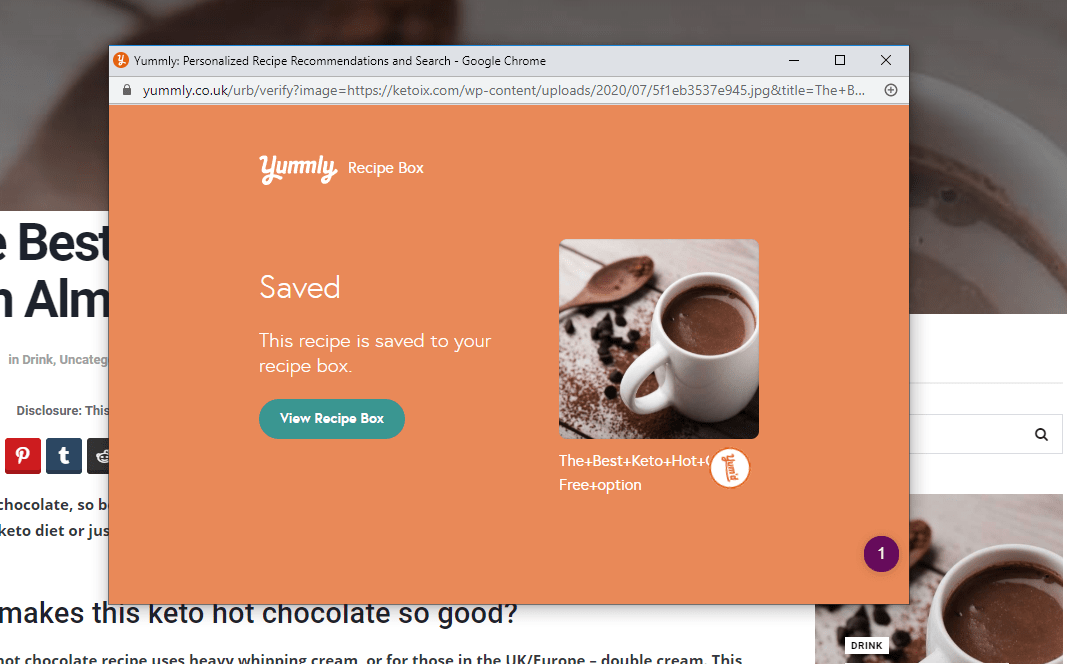 Yummly sharing button pop up for ketoix.com