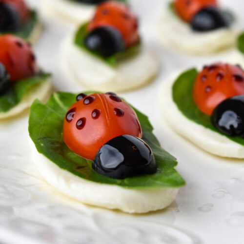 Ladybug-themed appetizers on a white plate.